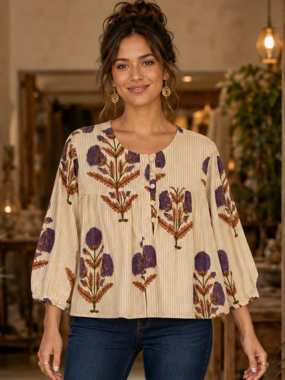 Fox & Hen Relaxed Floral Button-Front Blouse in Cream and Purple